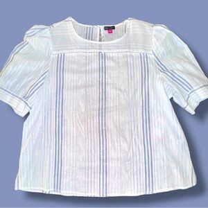 Vince Camuto Summer Bloom Metallic Striped Steller Blue Puff Sleeve Blouse